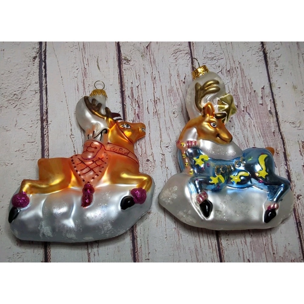 Blown Glass Christmas Ornaments CVS‎ 2010 Comet & Cupid Reindeer Lot of 2 EUC